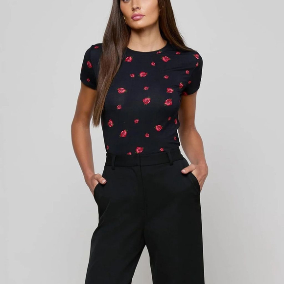 L'agence Ressi Rose Print T-Shirt black red floral short sleeve women's XS new